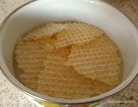 Форму смазать маслом и поломать 1 корж,уложить на дно формы