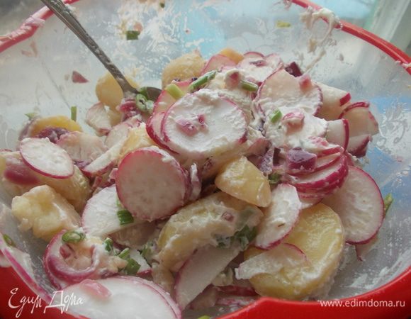 Для салата картофель отварить,остудить и нарезать.Очистить лук и нарезать кубиком,в кастрюле разогреть 1 ст.л. масла и припустить лук.Добавить уксус и 150 мл.воды,влейте бульон и варите 2 минуты,приправить солью и перцем добавить ещё 2 ст.л. масла.В горячий маринад выложить картофель и дать настояться около 2 часов.Редис нарезать кружочками,зеленый лук мелко порубить,слить картофель.Смешайте лук,редис,картофель и 100 г кремового сыра,посолить и перемешать.