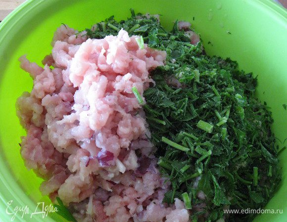 Прокрутить фарш с луком и чесноком, добавить зелень и яйцо, посолить поперчить.