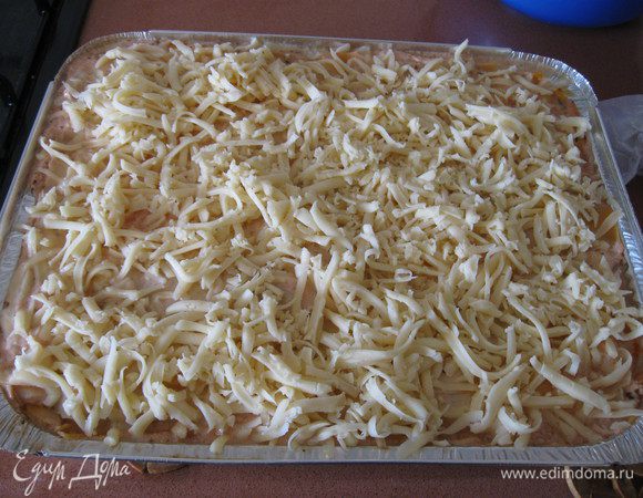 залить 1/3 заливки. Затем снова листы лазаньи и т. д., сверху вылить оставшуюся заливку. Закрыть форму фольгой, проткнуть в нескольких местах, выпекать при 180 гр, 35 мин. Затем снять фольгу, посыпать сыром. 
