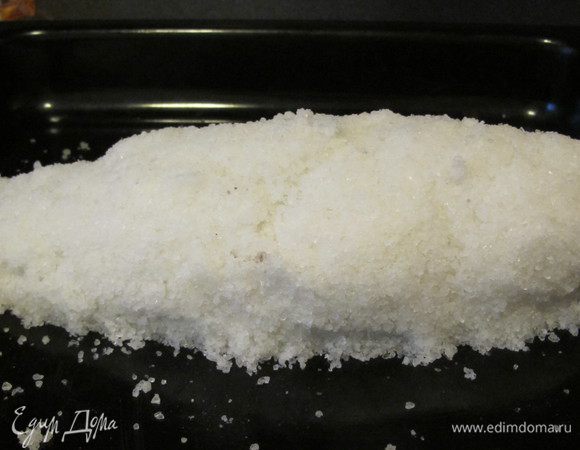 На противень выложить 1/4 соли, сверху выложить рыбу и аккуратно выкладывать оставшуюся соль, запечатывая рыбку, создавая пацирь. Рыба должна быть полностью покрыта солью со всех сторон.