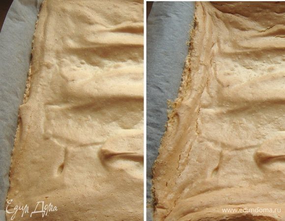 Дно формы выстелить пергаментом.Белковую массу выложить в форму,разровнять и выпекать при t 200*С около 15 минут.Бисквит хорошо поднимется,но после опадёт.Остудить бисквит в форме,затем отделить его от краёв и извлечь из формы.