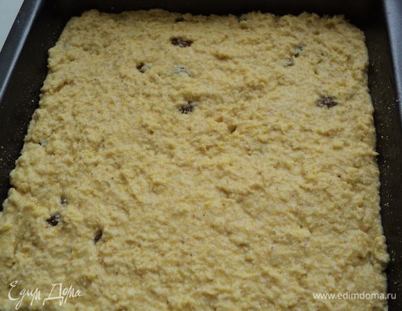 Добавить просеянную кукурузную муку, смешанную с содой, распаренный в горячей воде изюм, перемешать.Форму смазать маслом, посыпать молотыми сухарями, вылить тесто, разровнять. Выпекать при температуре  180 градусов 30мин до золотистого цвета.