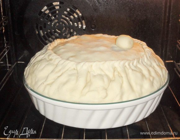 Поставьте в разогретую до 180–200°C духовку. В период выпекания вам необходимо проверять пирог. Снимите колобок и посмотрите, достаточно ли там бульона. Если нет, то можете добавить. Главное — не перелить!