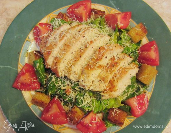 В принципе презентовать можно по-разному. Я это сделал таким образом. Выложил листья салата посередине тарелки. Обложил вокруг сухарями и половинками четвертинок помидор, а разрезанную грудку положил сверху. Потом посыпал оставшимся тертым Пармезаном.