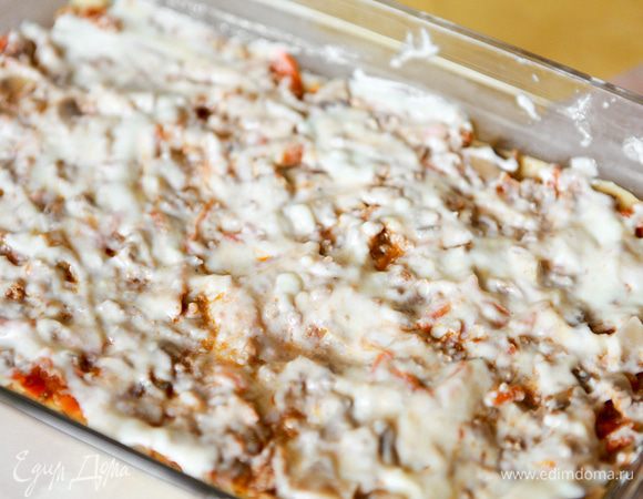 Фарш полейте соусом бешамель.