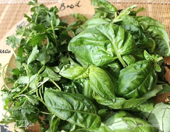 Базилик и петрушку нужно промыть и хорошо обсушить, использовать в соус только листья. Я беру пропорцию 3:1. Идеально было бы продолжать растирать в ступке и зелень, но у меня такого размера ступки нет, потому продолжаю готовить соус в малой чаше блендера. Здесь важно использовать низкую скорость при взбивании, потому что на высокой скорости соус может нагреться, что ухудшает его вкус. Поэтому я взбиваю соус в несколько приёмов и на самой низкой скорости.