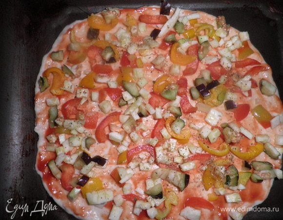 Для начинки баклажаны,кабачки,перец нарезаем очень мелко,помидоры кружочками.Колбасу,ветчину и курицу режем кубиками или соломкой. 
Раскатываем тесто смазываем кетчупом и посыпаем приправой для пиццы.Выкладываем овощи баклажан,кабачок,помидор,перец.
Далее выкладываем колбасу,ветчину,курицу.Сверху посыпаем натертым на терке сыром и смазываем майонезом. 
Ставим в духовку.