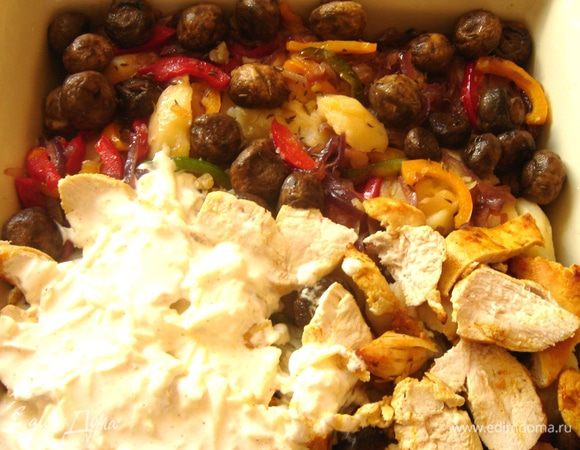 В огнеупорную форму 25х25 см выложить слой нарезанного на кружки картофеля,затем перца с луком и чесноком,грибов и кусочков мяса.Для заправки смешать сметану(вкуснее с деревенской) и натёртый сыр,посолить,добавить муската и тмина.Если сметана слишком жирная,то можно разбавить её сливками или молоком.Заливку вылить на мясо.Запекать при 200*С до румяной корочки около 30 минут.Подавать со свежей зеленью и овощами.Приятного аппетита! 