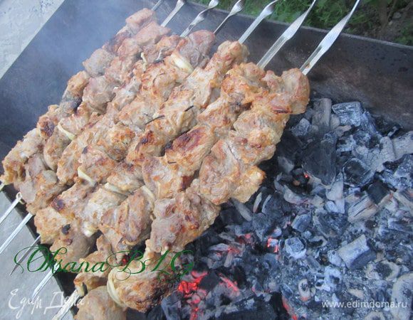 Нанизать мясо на шампура, жарить до готовности, постоянно поворачивая шампура.
