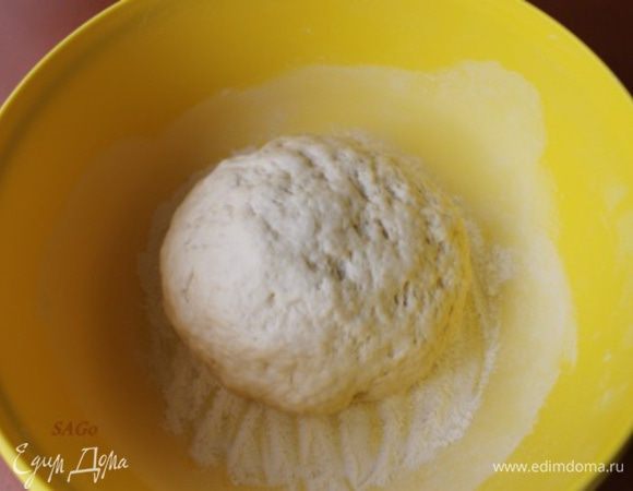 Сформировать из теста шар,  посуду посыпать мукой, а поверхность теста смазать оливковым маслом. Оставить тесто в тёплом и закрытом (без сквозняков) месте на 2 часа, накрыв посуду влажной тканью. 