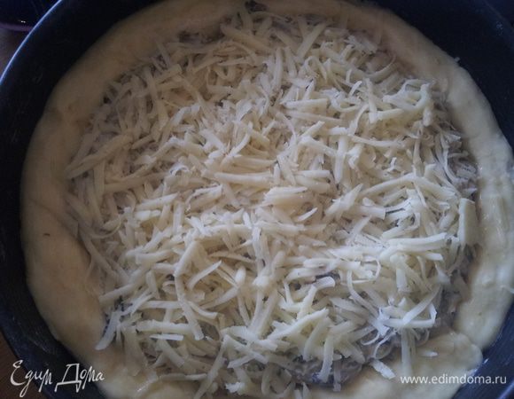 Выложить картофельное тесто в форму для торта, дно которой выложить промасленой бумагой для выпечки, Оставить немного теста и сделать из него бортики для пирога.
Для этого из остатков теста скатать колбаску, такой же длины, как окружность пирога. Смочить края водой, положить колбаску по окружности, прижать руками и сформировать бортик.
Выложить начинку,посыпать сыром,  смазать края пирога желтком и выпекать в предварительно разогретой духовке до 180С, 30 минут, до золотистого цвета. 