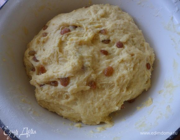 В подошедшую опару вводим желтки, хорошо, размешиваем. Добавляем масло и хорошо взбитые белки, тщательно перемешиваем. Вводим постепенно муку и замешиваем тесто. Добавляем изюм и снова вымешиваем тесто пару минут. Ставим тесто в теплое место подходить на 1-1,5 часа.