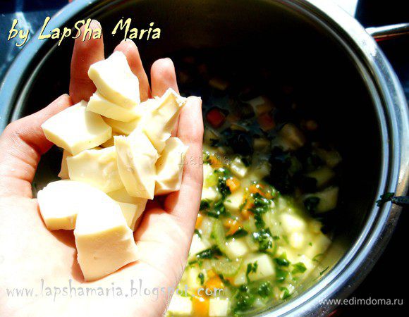 С сыра бри или камамбера срезаем корочку (белую плесень), нарезаем на кубики по возможности (сыр мягковат) и опускаем их в суп.