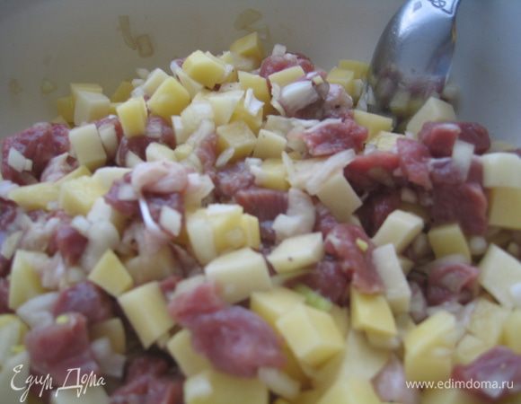 У меня осталось примерно 1,2 кг. начинки (в состав которой входит мясо говядины, мясо утки, лук, картофель, соль, перец). Все нарезается мелким кубиком.