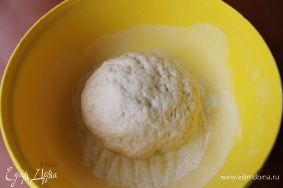 Сформировать из теста шар, посуду посыпать мукой, а поверхность теста смазать оливковым маслом. Оставить тесто в тёплом и закрытом (без сквозняков) месте на 2 часа, накрыв посуду влажной тканью.