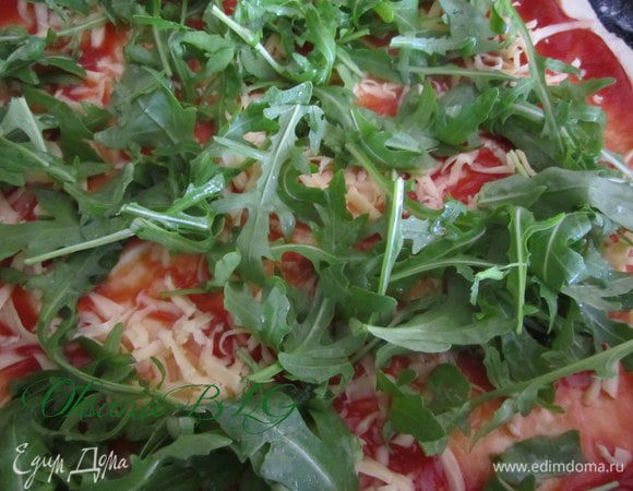 Натереть сыр, выложить листики рукколы.