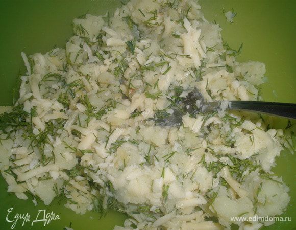Смешать картофель, сыр и укроп. Посолить и поперчить. Все перемешать - это и будет наша шапка.