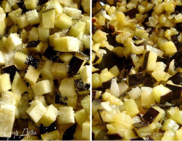 Сладкий перец поместить в форму и запечь до мягкости в духовке.Готовый перец переложить в целофановый пакет,завязать и оставить на 20 минут.Баклажаны нарезать мелкими кубиками,засыпать 1 ст.л.соли и оставить на 30 минут.Затем слить образовавшийся сок и просушить баклажаны бумажным полотенцем.Луковицу и чеснок мелко нарезать и обжарить вместе с баклажанами на оливковом масле. 