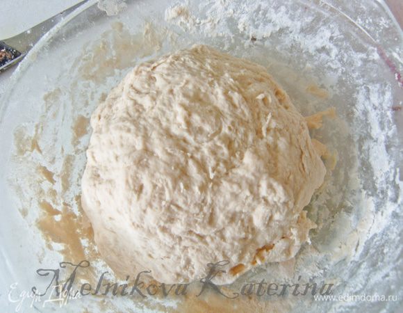 Замесить тесто. Положить в тару, смазанную оливковым маслом, затянуть пищевой пленкой и поставить в теплое и укромное место на 1 час для подхода.