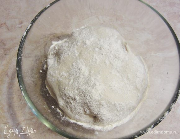 Посыпьте мукой тесто, уберите его в емкость и накройте пленкой. 