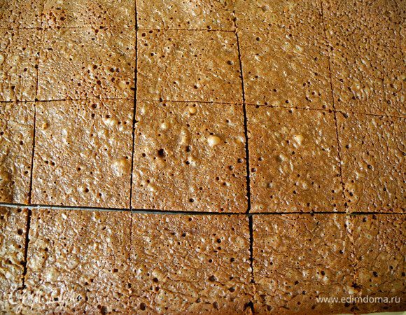 Выпекала в духовке, разогретой до 160 градусов Цельсия примерно 20 мин. Когда заглянула в духовку - немного испугалась, один край так поднялся, что стал похож на крымские горы. Но, после того, как я вынула форму из духовки, он через некоторое время опустился и поверхность стала ровной. Через 5-10 минут я разрезала пласт на квадратики. 