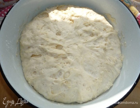 Тесто положить в большую чашку, накрыть сухим полотенцем и поставить в теплое место на 1,5 часа.