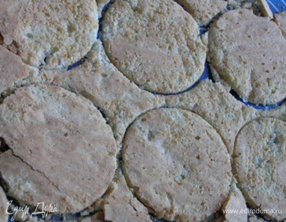 Важно! Пока основа еще теплая, вырезать формочками для пирожных, металлическими или пластиковыми кольцами, круги. Когда бисквит остынет, он станет твердым  и сухим, и это сделать уже будет труднее.

