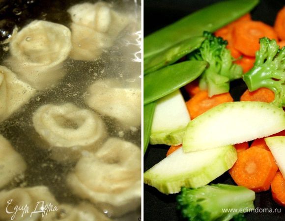 Отварить тортеллини в курином бульоне или подсоленной воде.Овощи нарезать на средние или крупные кусочки.Тушить их в сковороде на 2 ст.л. оливкового масла с добавлением небольшого количества бульона от тортеллини.Начать с моркови,затем добавить остальные овощи.Готовить овощи по вашему вкусу(я оставляю их чуть недоваренными,хрустящими).Все ингредиенты для приготовления соуса поместить в блендер и хорошо измельчить.Соус песто готов.