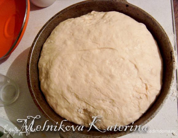 Смазать глубокую тару растительным маслом, положить в нее тесто, затянуть пищевой пленкой и поставить в теплое и укромное место для подхода (примерно 1 час). 
