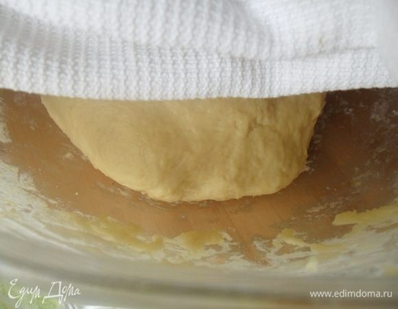 Хорошо вымешайте тесто,накройте его полотенцем и оставьте отдыхать на 40 мин.