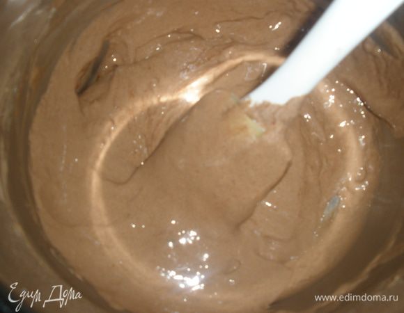 В сухие ингредиенты выложить желтковую массу и все очень тщательно размешать, до однородной консистенции. Главное - чтобы какао разошлось. 