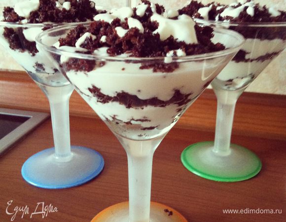 P.S.
У меня кексы плохо доставались из силиконовых формочек (они у меня в виде цветочков) и поэтому было довольно много крошек, примерно половина маффинов уходила на крошки((
И я решила, что таким добром не разбрасываются и выложила в бокал слоями остатки от маффинов и взбитую сметану с сахаром. Я хотела еще добавить кусочки консервированных ананасов, но у меня их дома не оказалось, но и без них было очень даже вкусно)