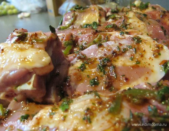 Мясо промыть, просушить и натереть заправкой. Оставить на 15-20 минут для знакомства.