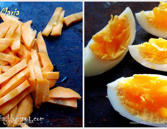 Морковку мелко нарежем на брусочки. Яйца отварим и нарежем на четвертинки.