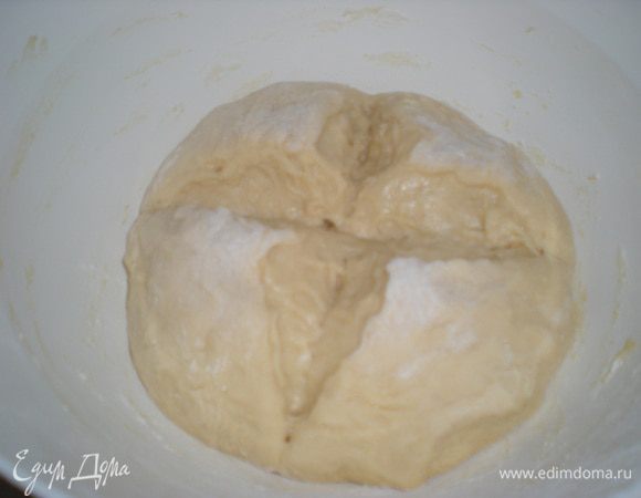 Когда сформируется масса похожая на тесто,выложить тесто на стол(НЕ подпылять мукой)Вымешивать тесто около 5 мин.Затем сформировать шар,сверху острым ножом сделать надрез в форме креста.Миску подпылить мукой,положить туда шар из теста,разрезом вверх.Накрыть миску пленкой и убрать в холодильник на 2 часа,а лучше на ночь.У меня стояло ночь.