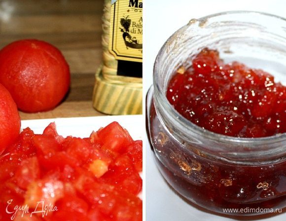 Для томатного джема надрезать донную часть помидоров крест накрест и залить кипятком.Через 2-3 минуты помидоры достать из воды,очистить от шкурки и семян и мелко порезать.В эмалированной кастрюльке сварить сироп из 1 ст.л.лимонного сока,1 ст.л.воды и сахара,добавить ваниль(ок.1/2 стручка)или эссенцию и помидоры.Варить около 15 минут,удалить стручок ванили и добавить цедру и бальзамик.Варить ещё минут 5-7.Варенье может показаться жидковатым,но после остывания заметно густеет.Я добавила ещё и 1 ч.л."Желфикса".