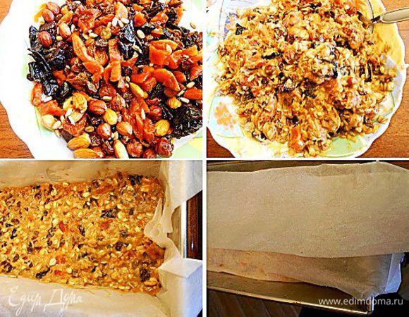 Форму застелить пергаментом. пергамен можно смазывать, но можно и не смазывать растительным маслом. Выложить тесто в форму, тщательно утрамбовать ложкой, разгладить, разровнять, чтобы воздуха внутри не было.Накрыть сверху пергаментом или фольгой. 
