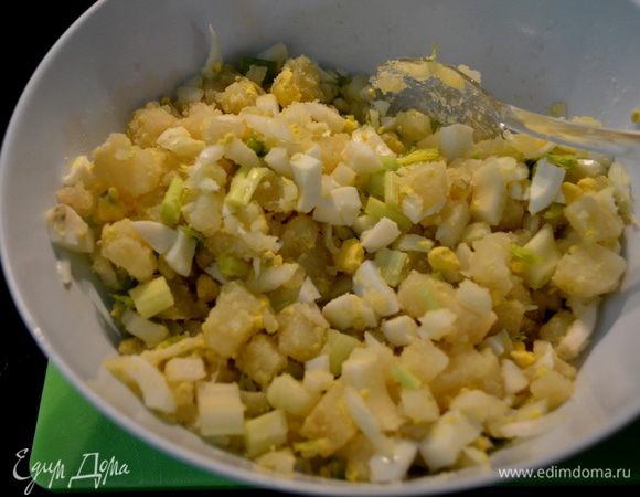 Смешать майонез,уксус,горчицу соль и перец  в стеклянной миске или пластмассовой.Выложить сюда  же картофель порезанный,сельдерей,лук и яйца,перемешать.