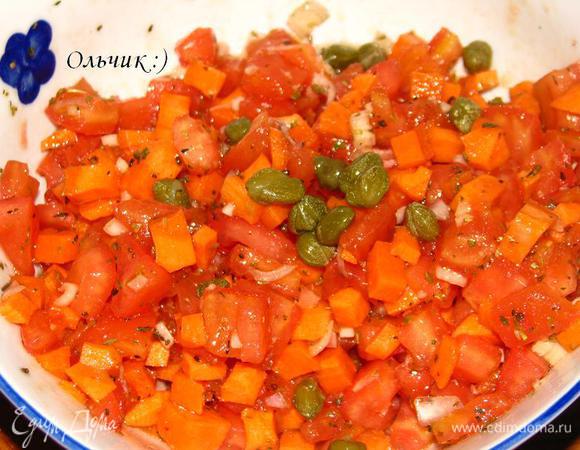 Немного посолим, добавим немного итальянских травок. Каперсы, 4 ст. л. оливкового масла. 