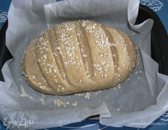 снова  поставить в теплое место до увеличения в объеме , сделать надрезы,(не делайте их слишком глубокими) смазать водой,при желании можно посыпать овсяными хлопьями 