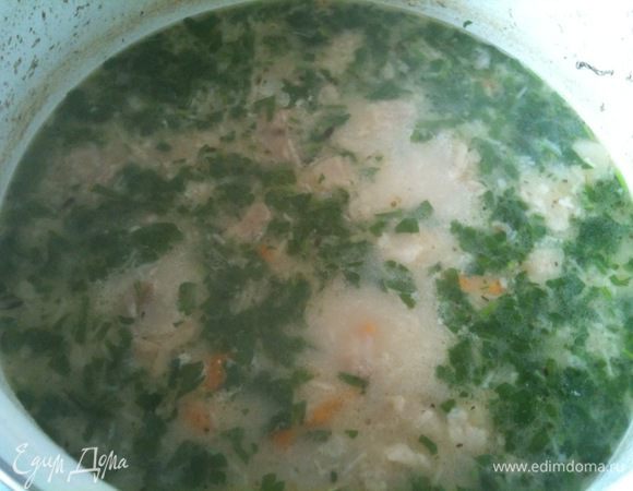 По истечение времени добавить мелко порубленную зелени и потертый на мелкой терке чеснок, перемешать, довести до кипения и выключить...