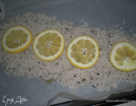 Третью часть соли насыпать на противень,разложить несколько кружков лимона.