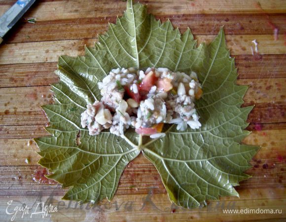 Подготовить тару для укладывания готовой долмы (казан/кастрюля с толстым дном), выстелить дно несколькими листиками. Сформировать долму. Для этого положить листик блестящей частью вниз, выложить 1 ст.л. фарша. 