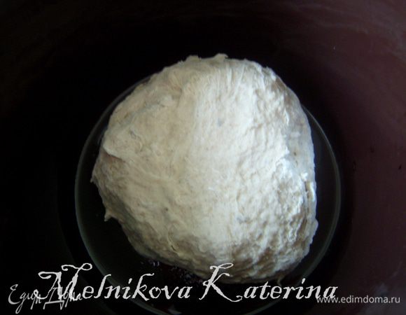 Переложить тесто на стол, обильно присыпанный мукой (50 гр) и месить, чтобы не прилипало к рукам (несколько минут). Переложить к глубокую тару, смазанную растительным маслом, затянуть пищевой пленкой и поставить в теплое место. 