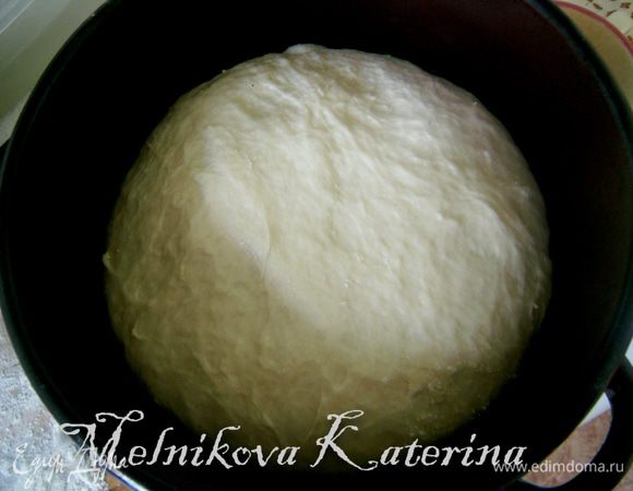 Глубокую тару смазать растительным маслом, выложить тесто, накрыть пленкой или тканью и поставить в теплое и укромное место на 1 час. 