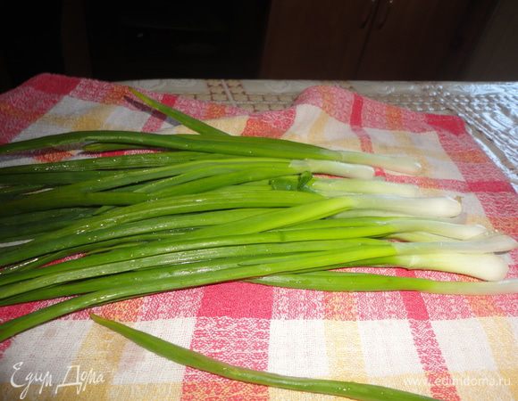 Зеленый лук вымыть и высушить.