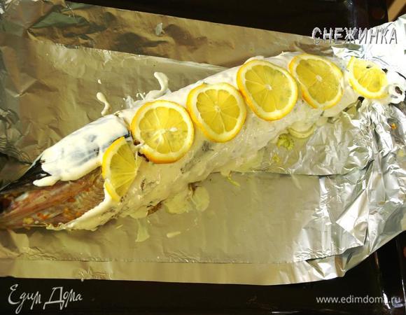 Щуку смазываем заливкой. Сверху кладем кружочки лимона.