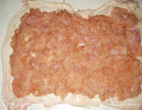 На шкуру разложить мясной фарш, так чтобы по сторонам оставалось 1-1,5 см свободного места.