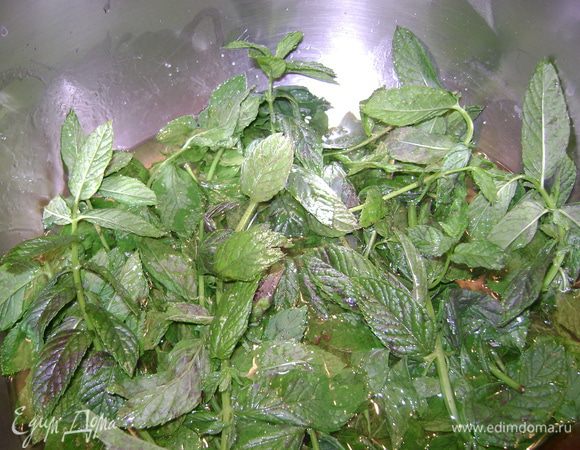 Влить в кастрюльку 250 мл воды, добавить сахар. Довести до кипения, кипятить до полного растворения сахара. Выложить в сироп всю мяту (чем больше мяты, тем вкуснее)